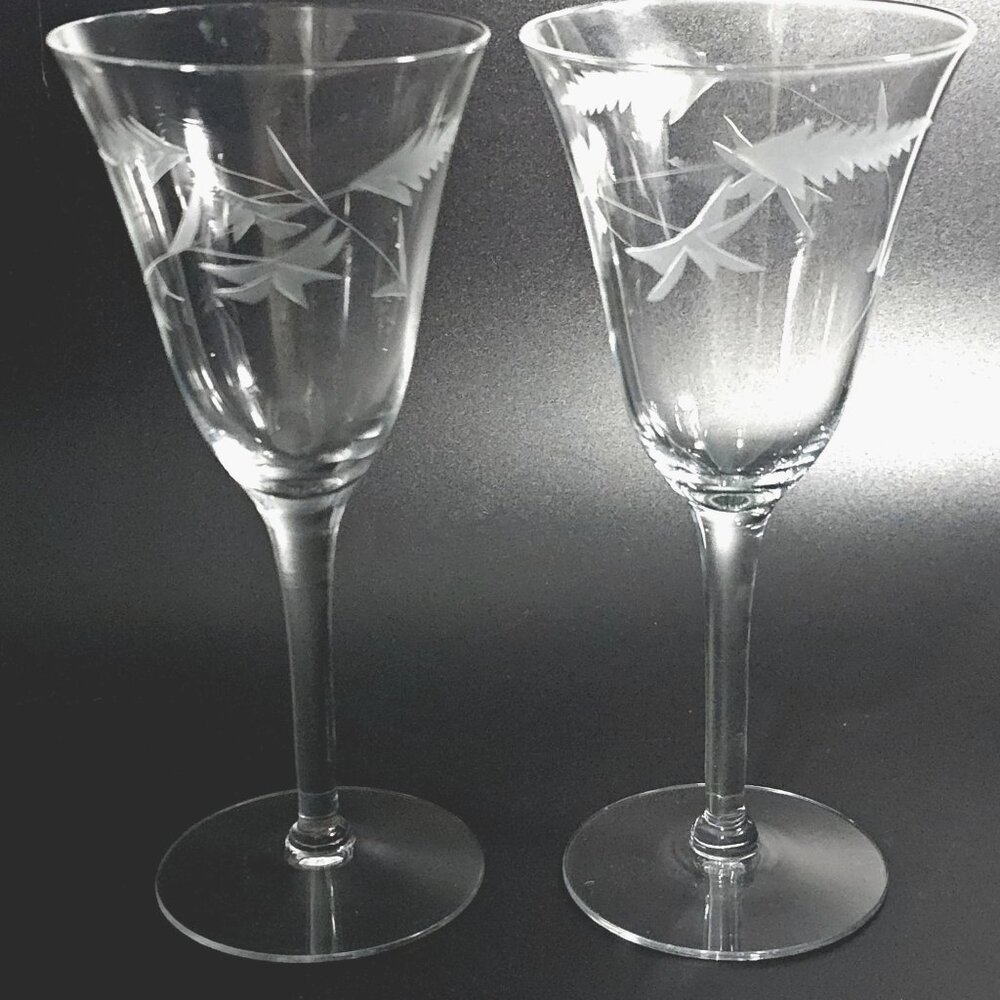 2 Weston Art Deco Floral Wine Glasses 7.5" vintage etched 1960s American MCM